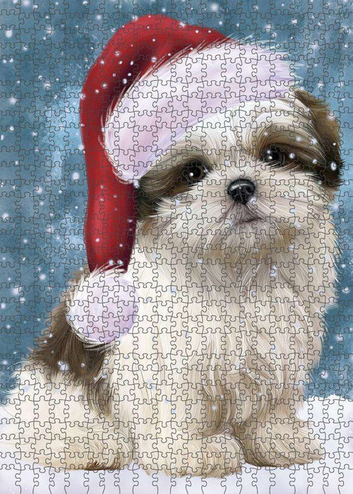 Let it Snow Christmas Holiday Malti Tzu Dog Wearing Santa Hat Puzzle with Photo Tin PUZL84416