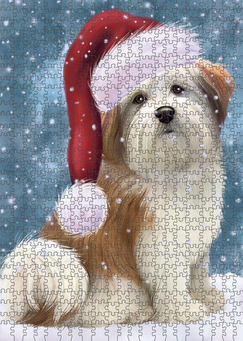 Let it Snow Christmas Holiday Malti Tzu Dog Wearing Santa Hat Puzzle with Photo Tin PUZL84428