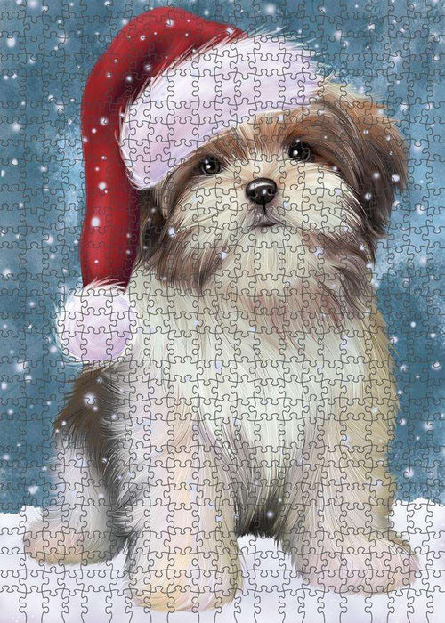 Let it Snow Christmas Holiday Malti Tzu Dog Wearing Santa Hat Puzzle with Photo Tin PUZL84432