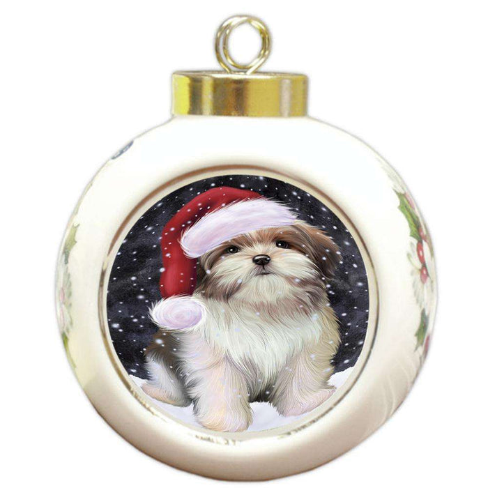 Let it Snow Christmas Holiday Malti Tzu Dog Wearing Santa Hat Round Ball Christmas Ornament RBPOR54312