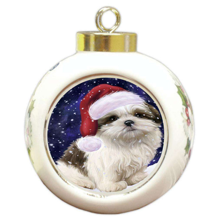 Let it Snow Christmas Holiday Malti Tzu Dog Wearing Santa Hat Round Ball Christmas Ornament RBPOR54313