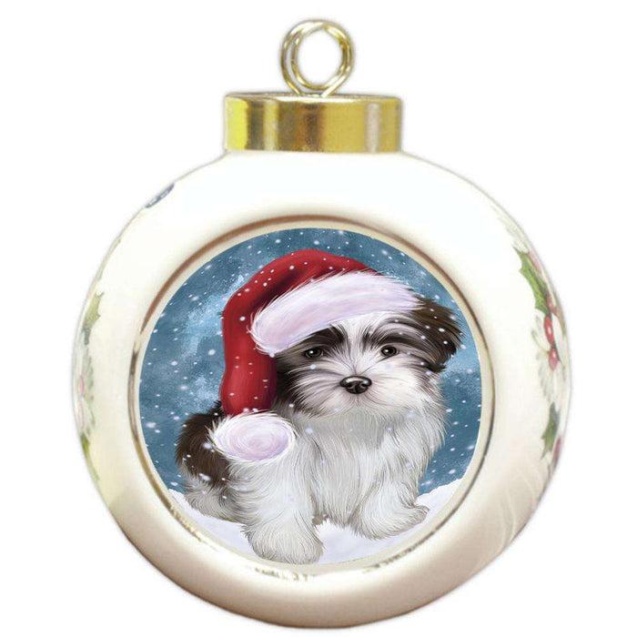 Let it Snow Christmas Holiday Malti Tzu Dog Wearing Santa Hat Round Ball Christmas Ornament RBPOR54314