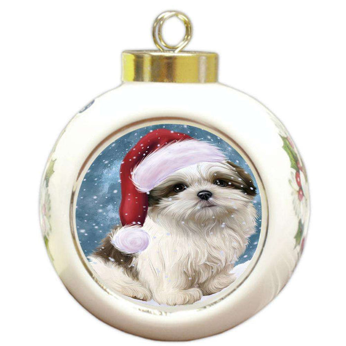 Let it Snow Christmas Holiday Malti Tzu Dog Wearing Santa Hat Round Ball Christmas Ornament RBPOR54315