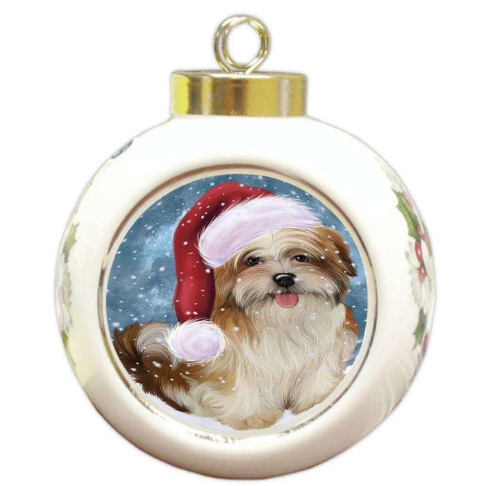 Let it Snow Christmas Holiday Malti Tzu Dog Wearing Santa Hat Round Ball Christmas Ornament RBPOR54316