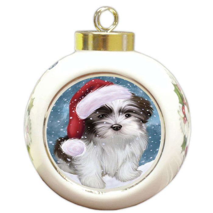 Let it Snow Christmas Holiday Malti Tzu Dog Wearing Santa Hat Round Ball Christmas Ornament RBPOR54317