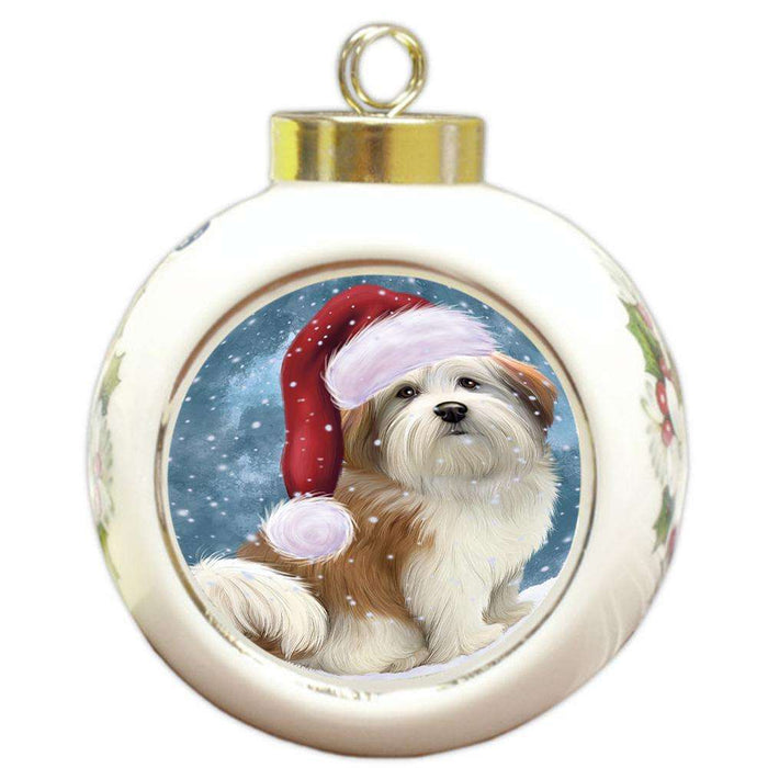 Let it Snow Christmas Holiday Malti Tzu Dog Wearing Santa Hat Round Ball Christmas Ornament RBPOR54318