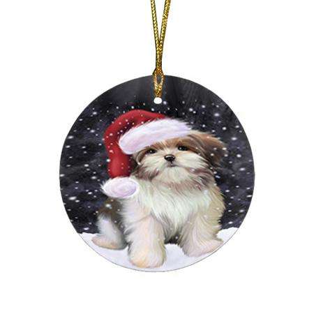 Let it Snow Christmas Holiday Malti Tzu Dog Wearing Santa Hat Round Flat Christmas Ornament RFPOR54303