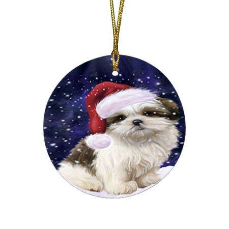 Let it Snow Christmas Holiday Malti Tzu Dog Wearing Santa Hat Round Flat Christmas Ornament RFPOR54304