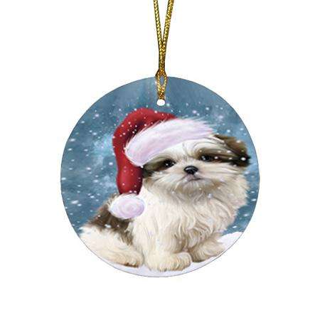 Let it Snow Christmas Holiday Malti Tzu Dog Wearing Santa Hat Round Flat Christmas Ornament RFPOR54306