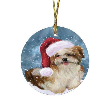 Let it Snow Christmas Holiday Malti Tzu Dog Wearing Santa Hat Round Flat Christmas Ornament RFPOR54307