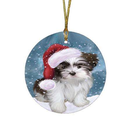 Let it Snow Christmas Holiday Malti Tzu Dog Wearing Santa Hat Round Flat Christmas Ornament RFPOR54308