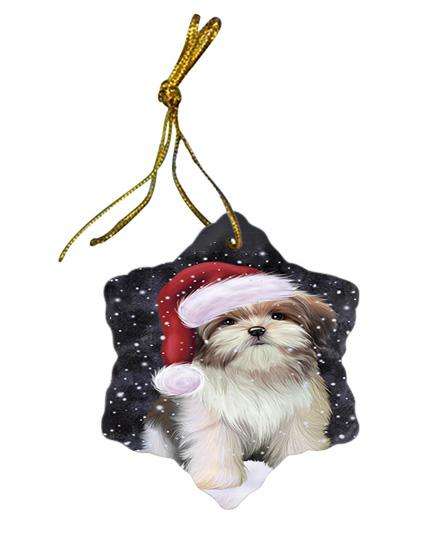 Let it Snow Christmas Holiday Malti Tzu Dog Wearing Santa Hat Star Porcelain Ornament SPOR54303