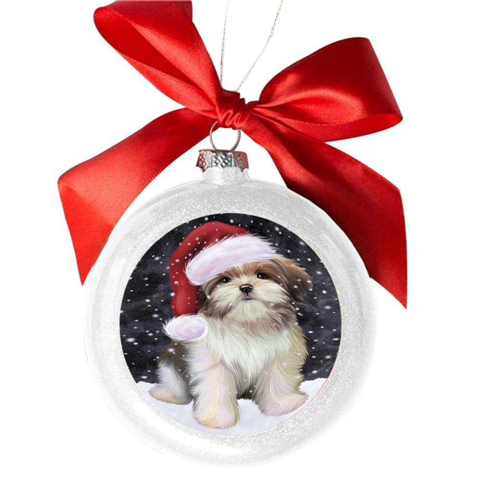 Let it Snow Christmas Holiday Malti Tzu Dog White Round Ball Christmas Ornament WBSOR48953