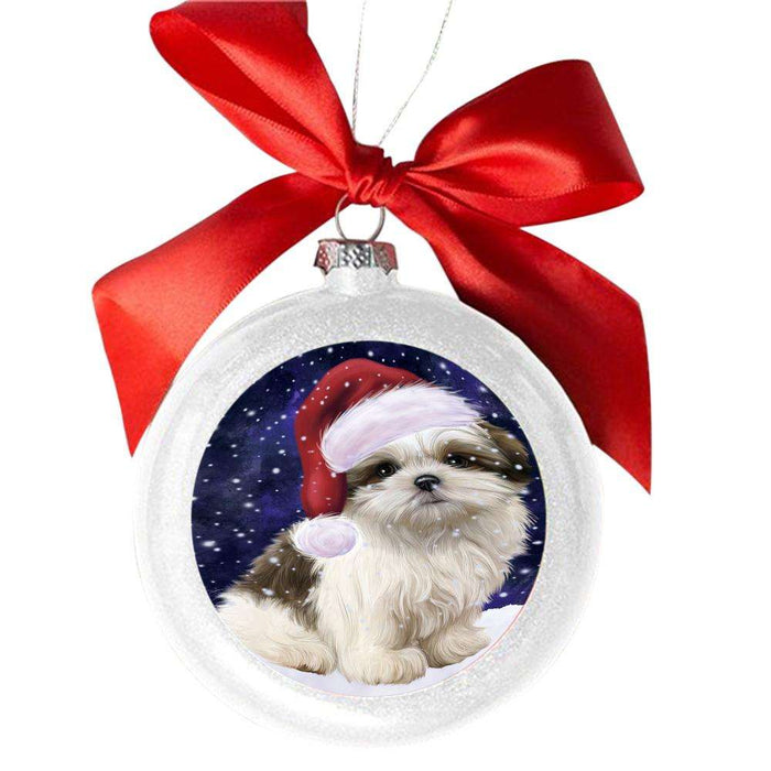 Let it Snow Christmas Holiday Malti Tzu Dog White Round Ball Christmas Ornament WBSOR48954