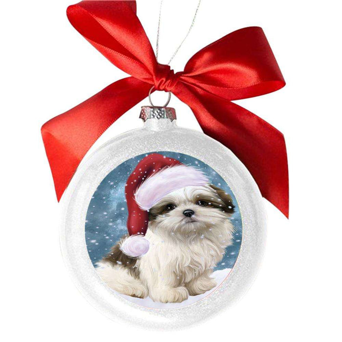 Let it Snow Christmas Holiday Malti Tzu Dog White Round Ball Christmas Ornament WBSOR48956