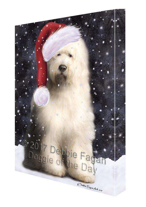 Let it Snow Christmas Holiday Old English Sheepdog Dog Wearing Santa Hat Canvas Wall Art