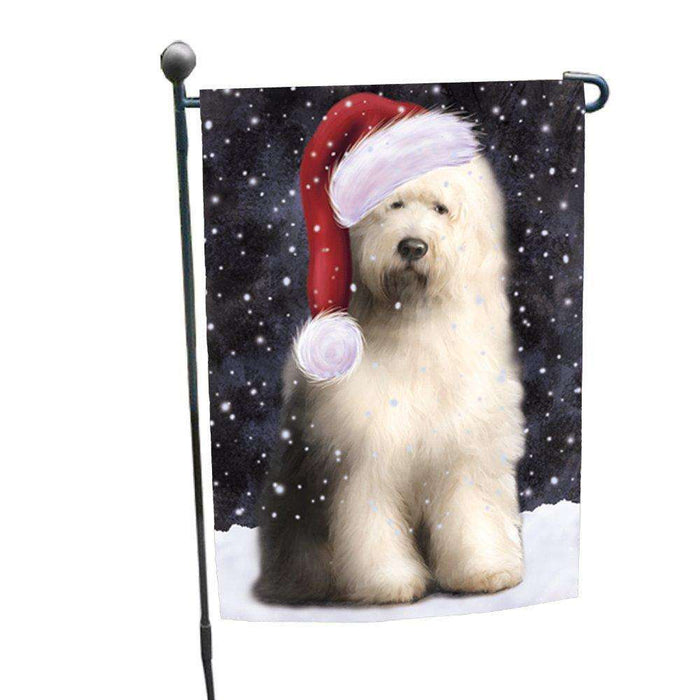 Let it Snow Christmas Holiday Old English Sheepdog Dog Wearing Santa Hat Garden Flag