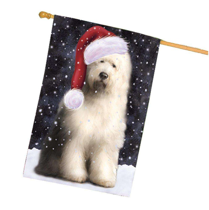 Let it Snow Christmas Holiday Old English Sheepdog Dog Wearing Santa Hat House Flag