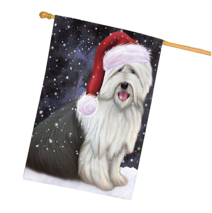 Let it Snow Christmas Holiday Old English Sheepdog Dog Wearing Santa Hat House Flag
