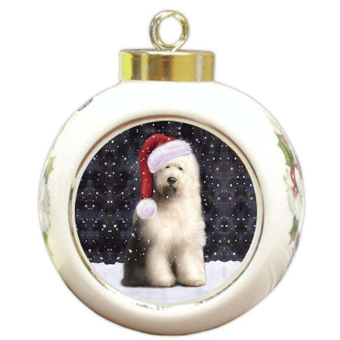 Let it Snow Christmas Holiday Old English Sheepdog Dog Wearing Santa Hat Round Ball Ornament D212