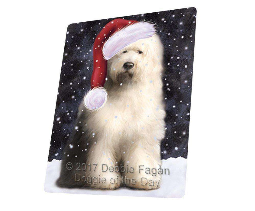 Let it Snow Christmas Holiday Old English Sheepdog Dog Wearing Santa Hat Tempered Cutting Board (Small)