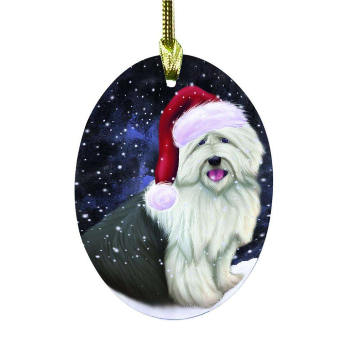 Let it Snow Christmas Holiday Old English Sheepdog Oval Glass Christmas Ornament OGOR48622