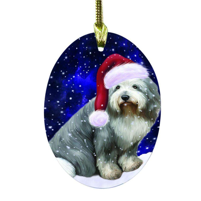 Let it Snow Christmas Holiday Old English Sheepdog Oval Glass Christmas Ornament OGOR48623