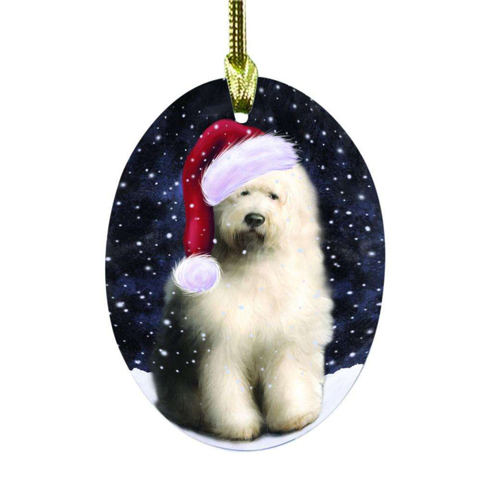 Let it Snow Christmas Holiday Old English Sheepdog Oval Glass Christmas Ornament OGOR48624