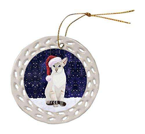Let it Snow Christmas Holiday Oriental Blue Point Siamese Cat Wearing Santa Hat Ceramic Doily Ornament D005