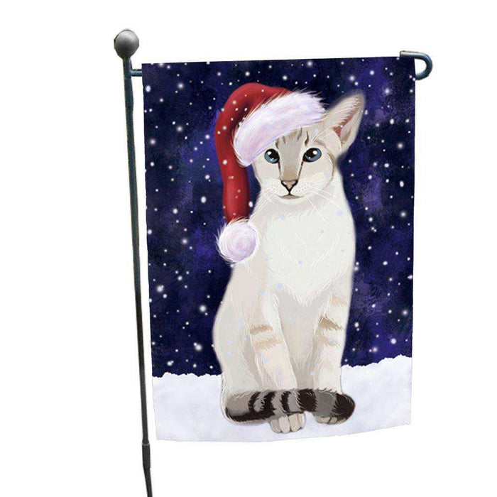 Let it Snow Christmas Holiday Oriental Blue Point Siamese Cat Wearing Santa Hat Garden Flag