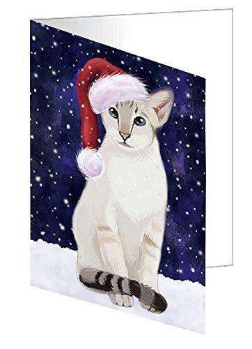 Let it Snow Christmas Holiday Oriental Blue Point Siamese Cat Wearing Santa Hat Handmade Artwork Assorted Pets Greeting Cards and Note Cards with Envelopes for All Occasions and Holiday Seasons D319