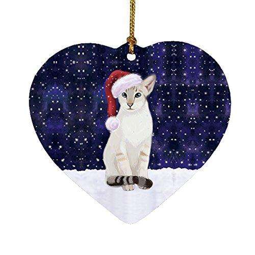 Let it Snow Christmas Holiday Oriental Blue Point Siamese Cat Wearing Santa Hat Heart Ornament D213