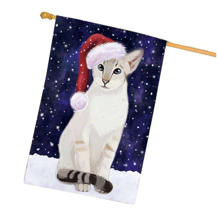 Let it Snow Christmas Holiday Oriental Blue Point Siamese Cat Wearing Santa Hat House Flag