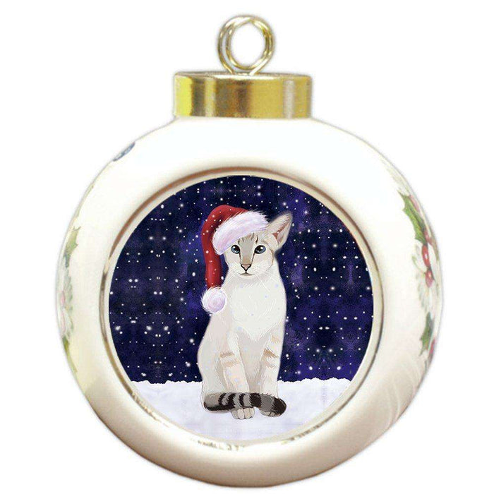 Let it Snow Christmas Holiday Oriental Blue Point Siamese Cat Wearing Santa Hat Round Ball Ornament D213