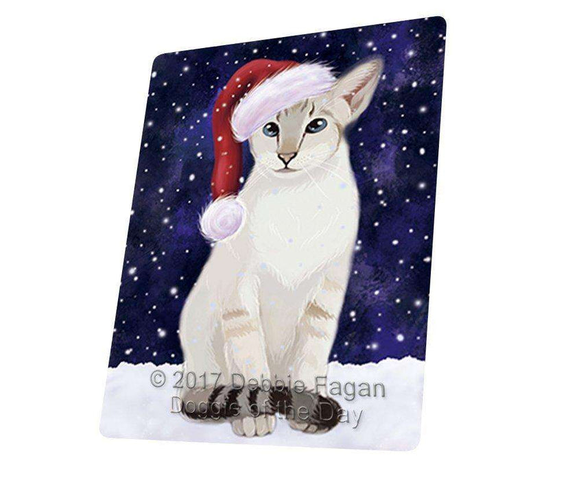 Let it Snow Christmas Holiday Oriental Blue Point Siamese Cat Wearing Santa Hat Tempered Cutting Board (Small)