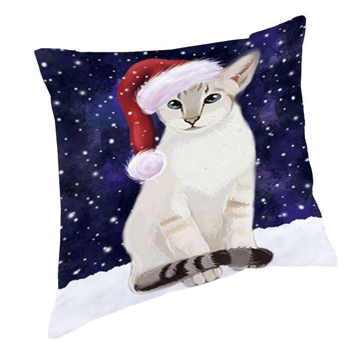 Let it Snow Christmas Holiday Oriental Blue Point Siamese Cat Wearing Santa Hat Throw Pillow D371