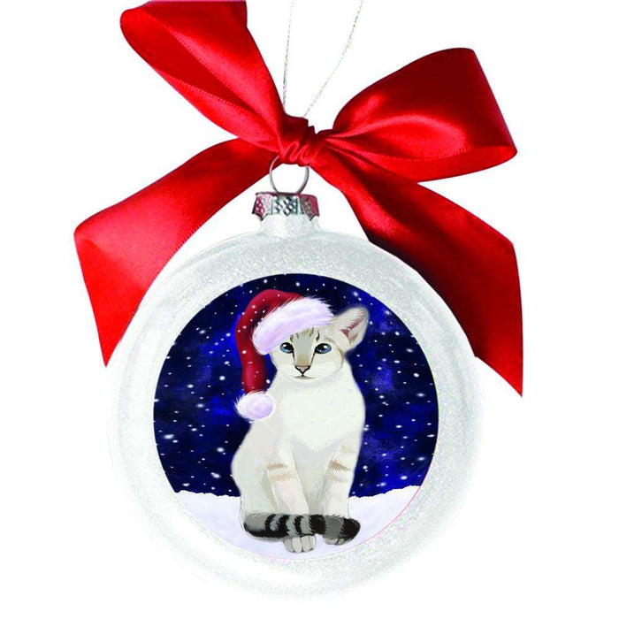 Let it Snow Christmas Holiday Oriental Blue-Point Siamese Cat White Round Ball Christmas Ornament WBSOR48625