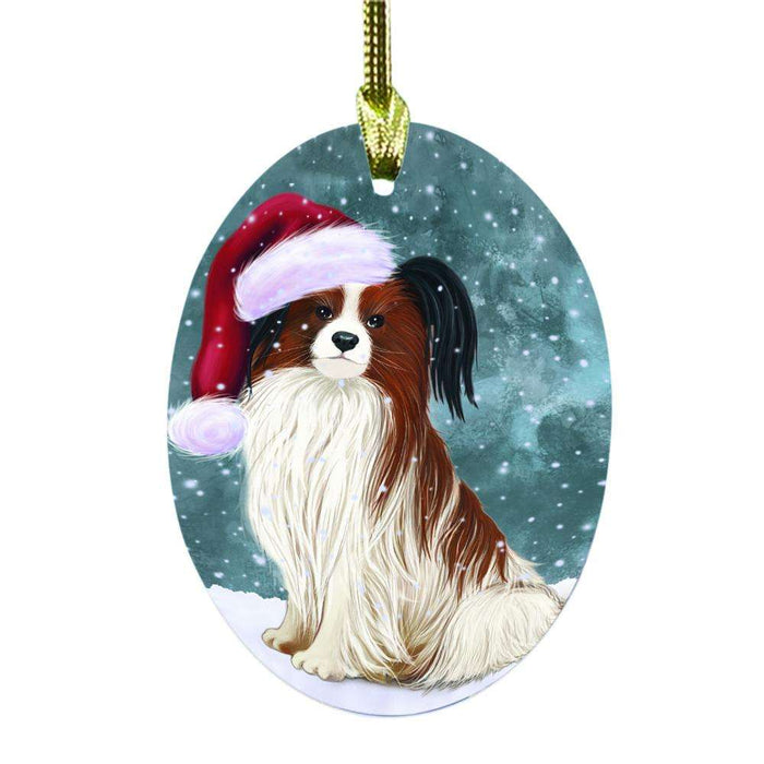 Let it Snow Christmas Holiday Papillion Dog Oval Glass Christmas Ornament OGOR48626