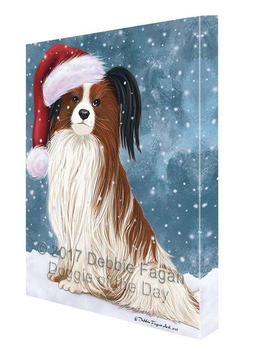 Let it Snow Christmas Holiday Papillion Dog Wearing Santa Hat Canvas Wall Art