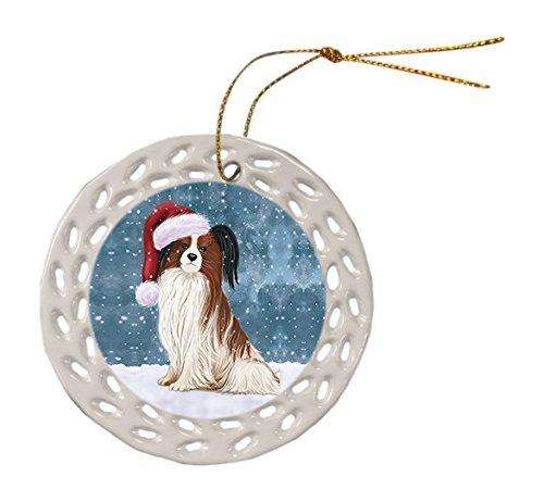 Let it Snow Christmas Holiday Papillion Dog Wearing Santa Hat Ceramic Doily Ornament D006