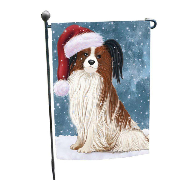 Let it Snow Christmas Holiday Papillion Dog Wearing Santa Hat Garden Flag