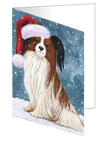 Let it Snow Christmas Holiday Papillion Dog Wearing Santa Hat Handmade Artwork Assorted Pets Greeting Cards and Note Cards with Envelopes for All Occasions and Holiday Seasons D320