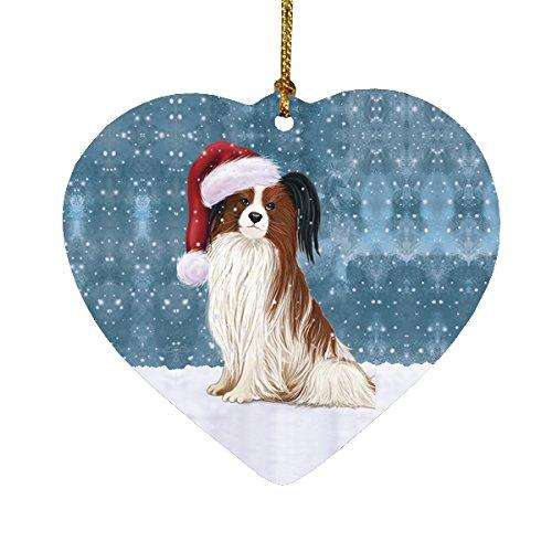 Let it Snow Christmas Holiday Papillion Dog Wearing Santa Hat Heart Ornament D214