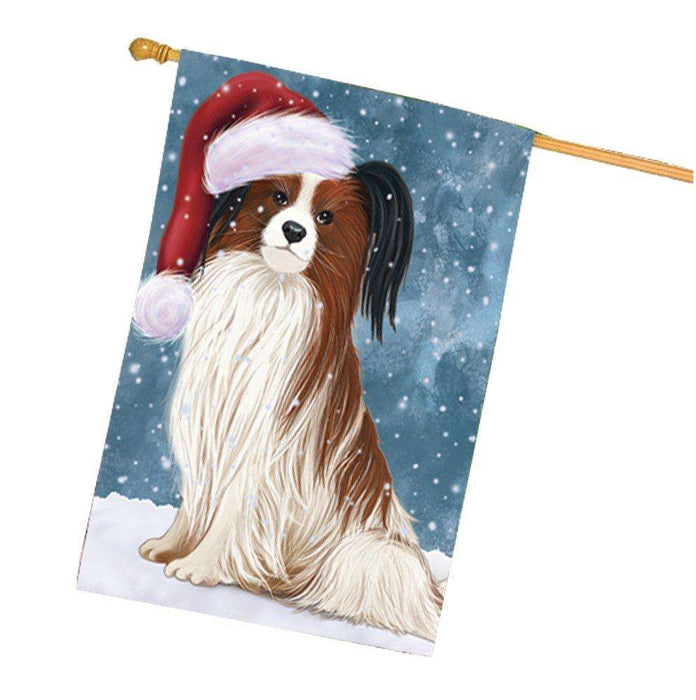 Let it Snow Christmas Holiday Papillion Dog Wearing Santa Hat House Flag