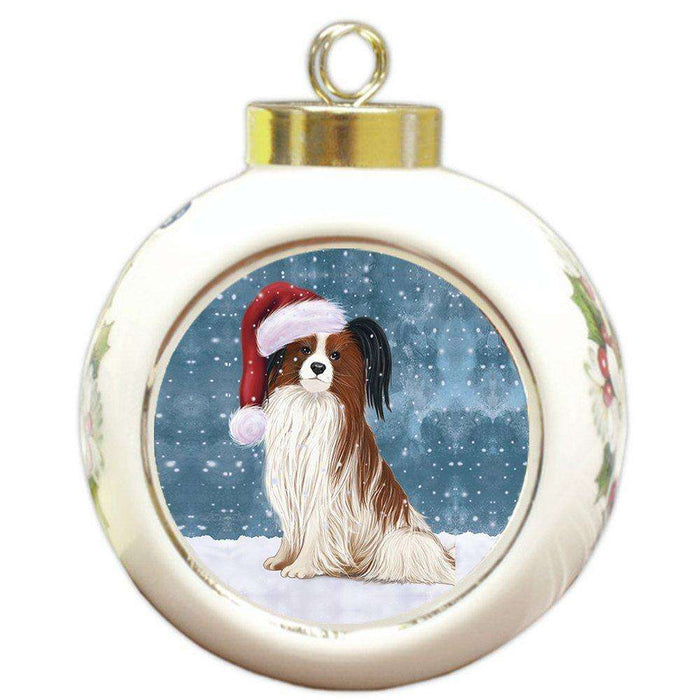 Let it Snow Christmas Holiday Papillion Dog Wearing Santa Hat Round Ball Ornament D214