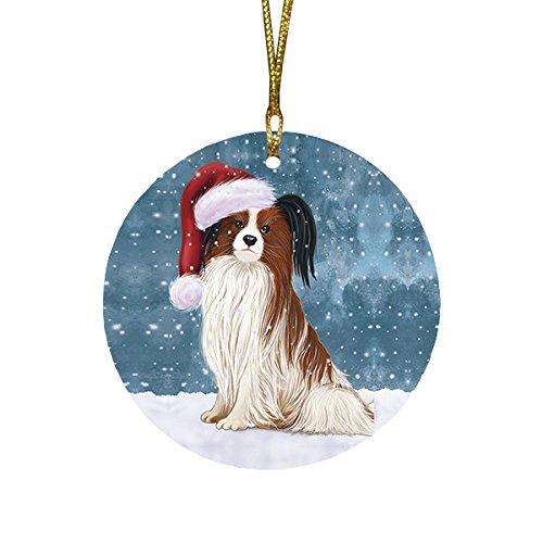 Let it Snow Christmas Holiday Papillion Dog Wearing Santa Hat Round Ornament D214