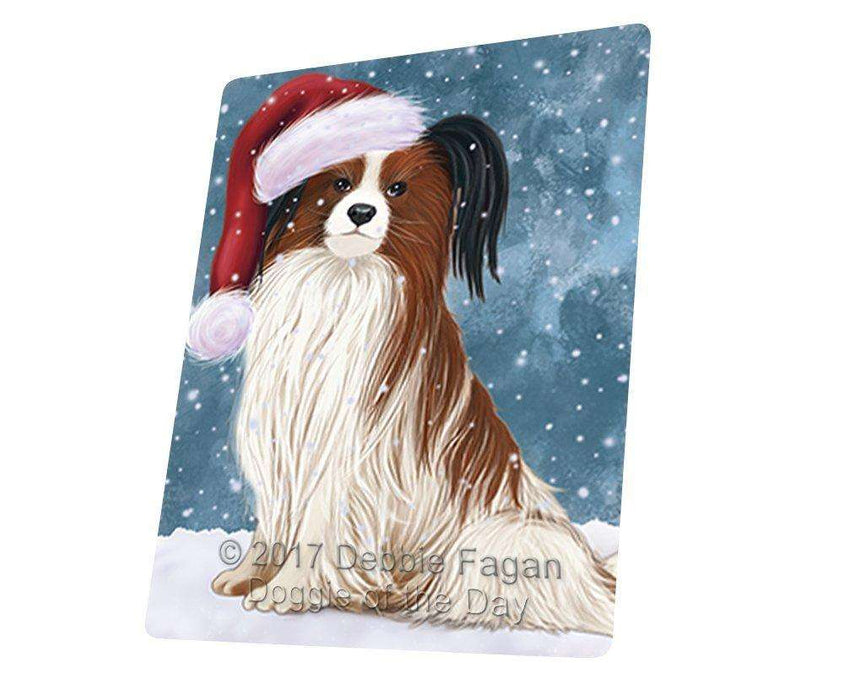 Let it Snow Christmas Holiday Papillion Dog Wearing Santa Hat Tempered Cutting Board (Small)