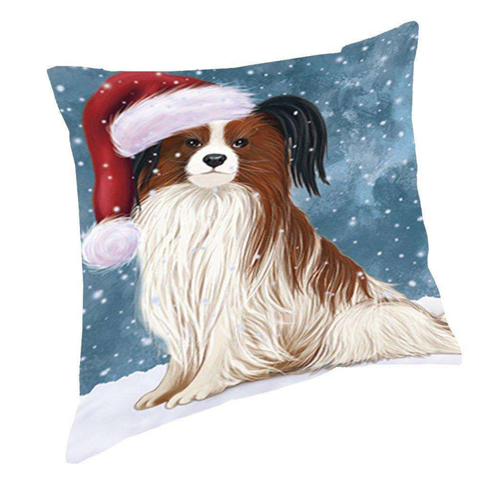 Let it Snow Christmas Holiday Papillion Dog Wearing Santa Hat Throw Pillow D372