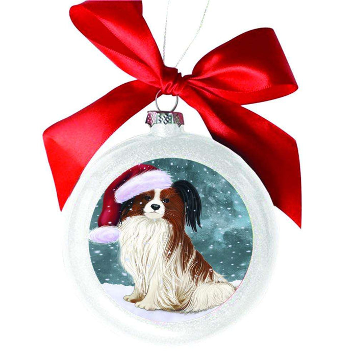 Let it Snow Christmas Holiday Papillion Dog White Round Ball Christmas Ornament WBSOR48626