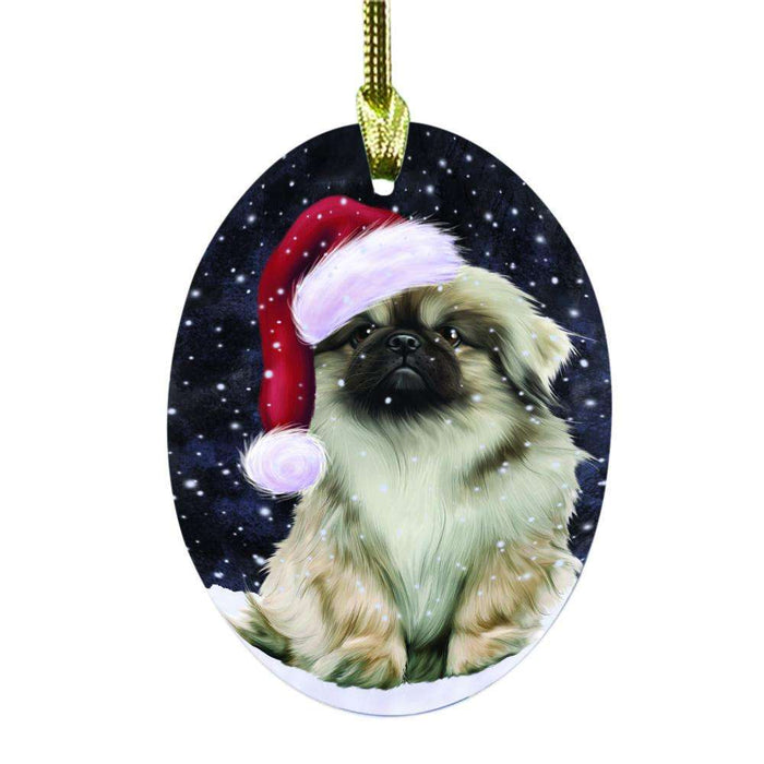 Let it Snow Christmas Holiday Pekingese Dog Oval Glass Christmas Ornament OGOR48627